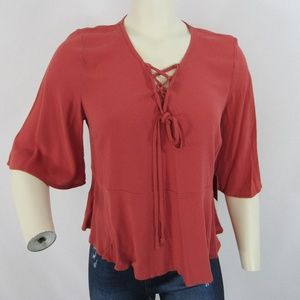 Mossimo Women's Woven Lace-Up Rose Blouse In XS